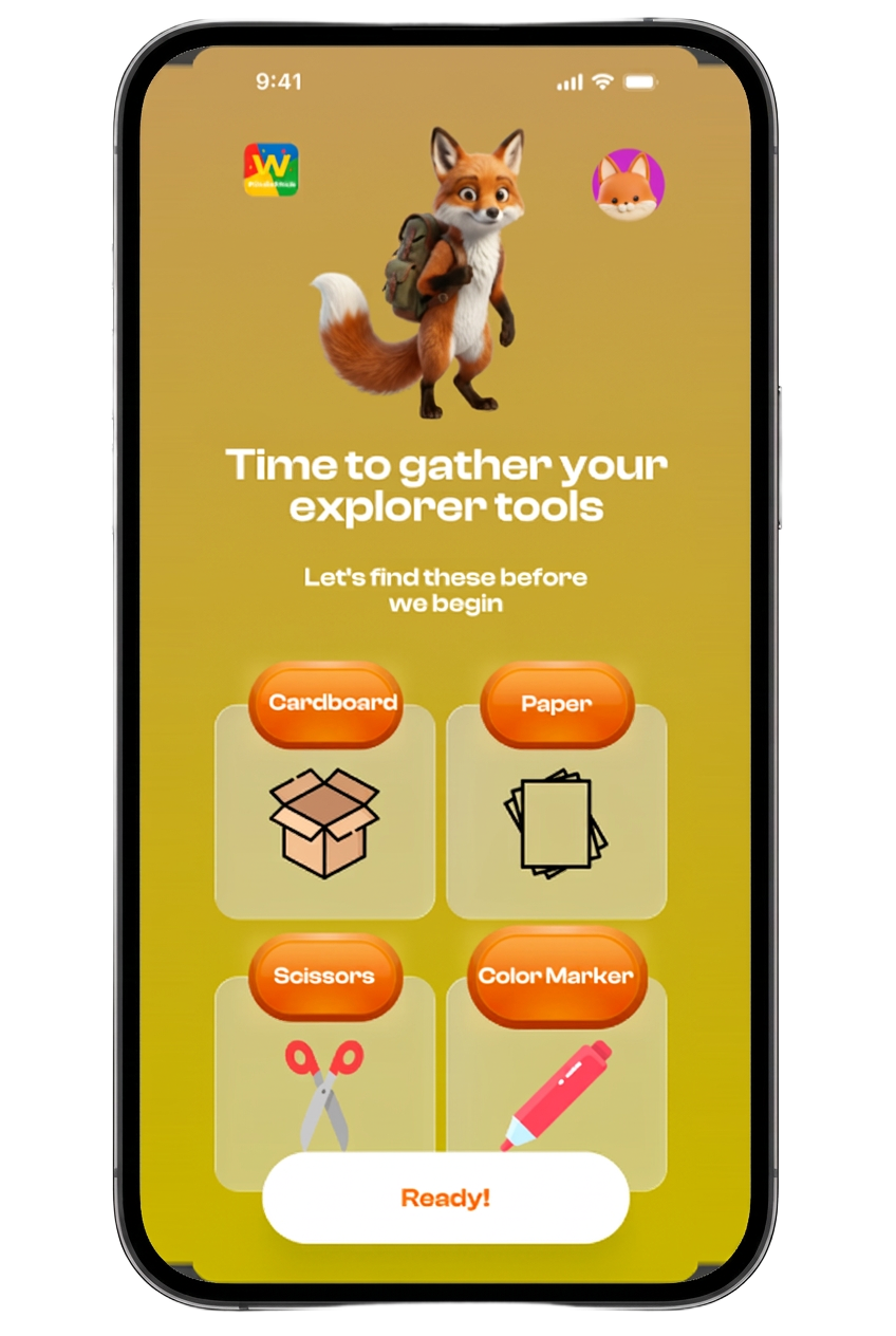 WonderMinds Create activity — gather explorer tools like cardboard, paper, scissors, and markers for hands-on making