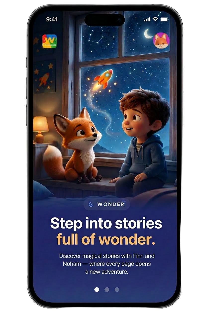 WonderMinds bedtime story — Finn and a child under a starry sky with choices Follow the light and Look at the stars