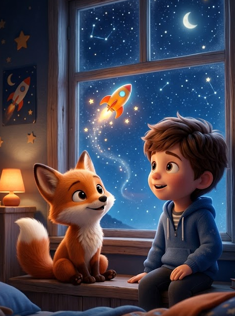 Finn the fox holding a glowing lantern under a starry night sky